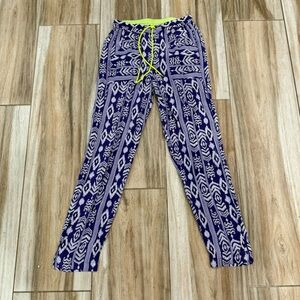 Dolce Vita Blue and White Patterned Pants with Neon Yellow Drawstring